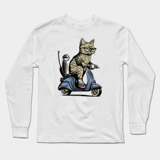 Cat With Sunglasses Riding Motorcycle and Driving Scooter Long Sleeve T-Shirt